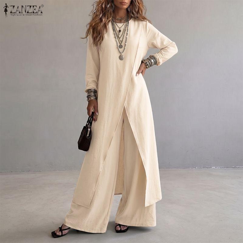 ZANZEA Women Slit Hem Long Blouse with Long Pants Elegant Casual Long Sleeve Two Piece Suit Sets