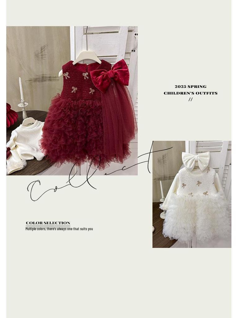 2025 Winter Red Velvet Mesh Princess Dress for Toddlers with Bowknot