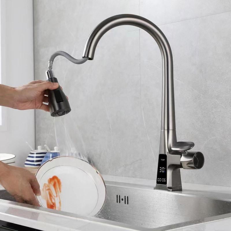 Grey Pull-out Kitchen Sink Faucet Temperature Display Brass Hot And Cold Mix Faucet 360° Rotating Splash Proof Sink Taps