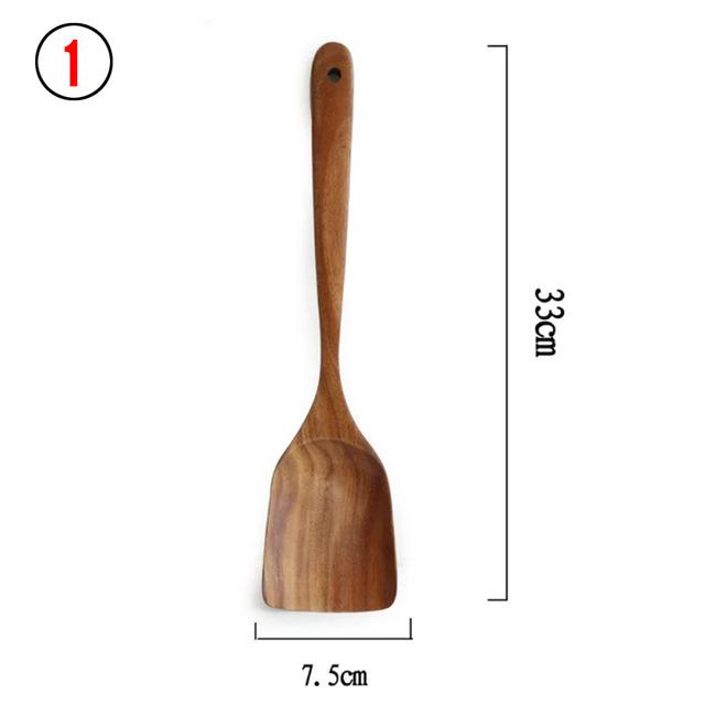 1-7pcs/set Teak Natural Wood Tableware Spoon Ladle Turner Rice Colander Soup Skimmer Cooking Spoon Scoop Kitchen Reusable Tool