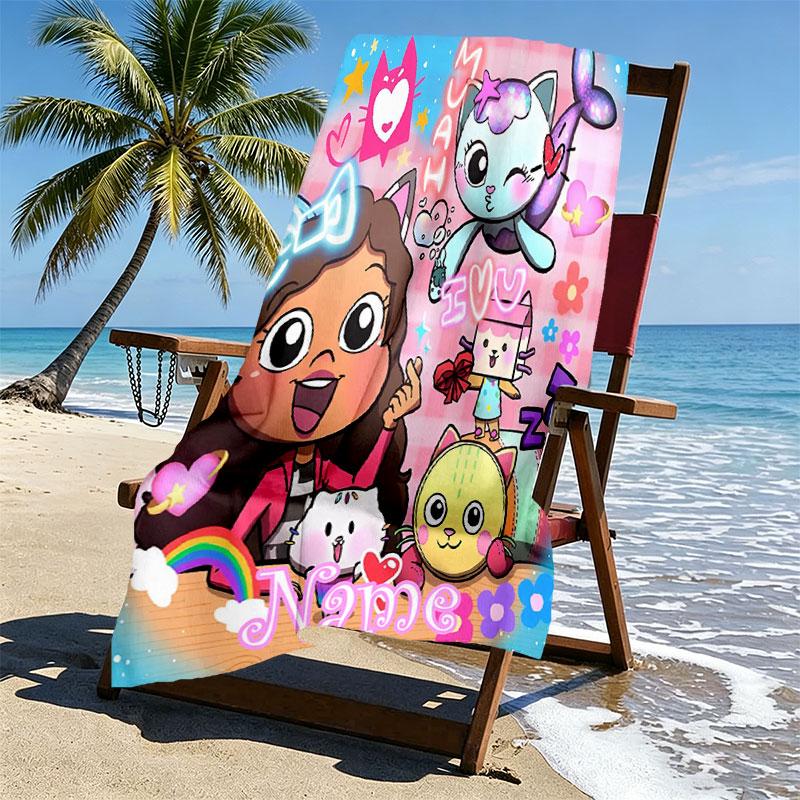 Custom Name Personalized Gabby's Dollhouse Print Beach Towel, for Trip Camping Beach Party Home Decor, Birthday Gift for Family & Friends