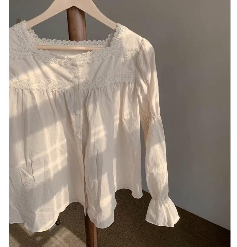 Women's French Retro Square Neck Lace Trim Shirt with Bell Sleeves - Spring/Autumn
