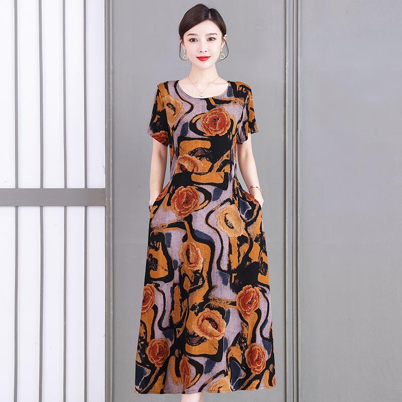 2023 Plus Size Floral Summer Cotton Dress for Middle-Aged Women