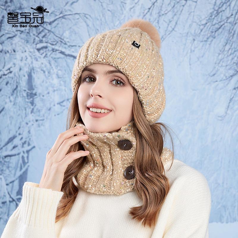 New winter velvet warm hat, scarf, two-piece cover for outdoor riding, cold-proof ear protector, muff, knitted wool hat.