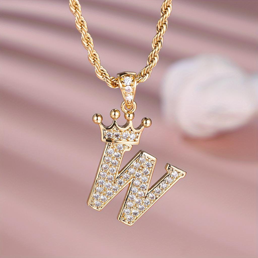 1 Pc Golden Color 26 English Letter Princess Crown Necklace Pendant Wedding Band Jewelry Valentine's Day Gift
