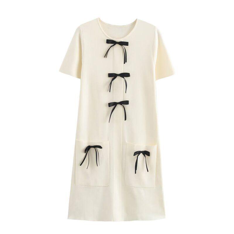 Fashion Style 2024 Fall and Winter New Women's Clothing Bowknot Decoration Knitting Round Neck Short Sleeve Dress 2142210