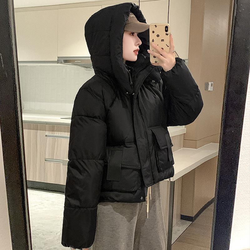 

Winter new cotton clothes women s short hooded fashion splicing contrasting colors thickened bread clothes loose coat tide M чёрный