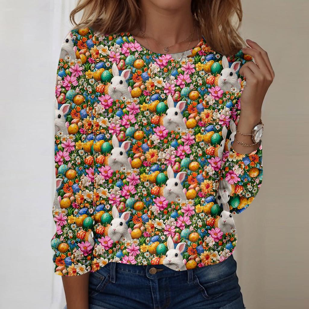 Women's Daily Casual Long Sleeved Easter Printed Round Neck Top