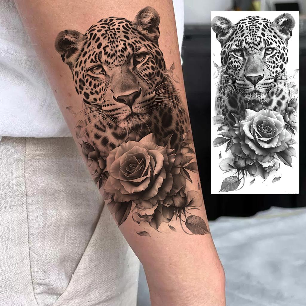 1 Sheet Cool Leopard With Rose Temporary Tattoos For Men Women Adults, Long Lasting Realistic Waterproof Fake Tattoo Sticker