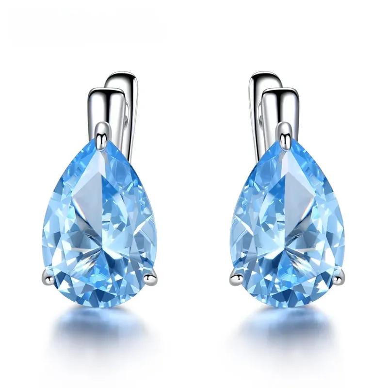 925 Sterling Silver Luxury Nano Gemstone Blue Topaz Clip Earrings For Women  Clip On Earrings Water Drop Fine Jewelry Party Gift