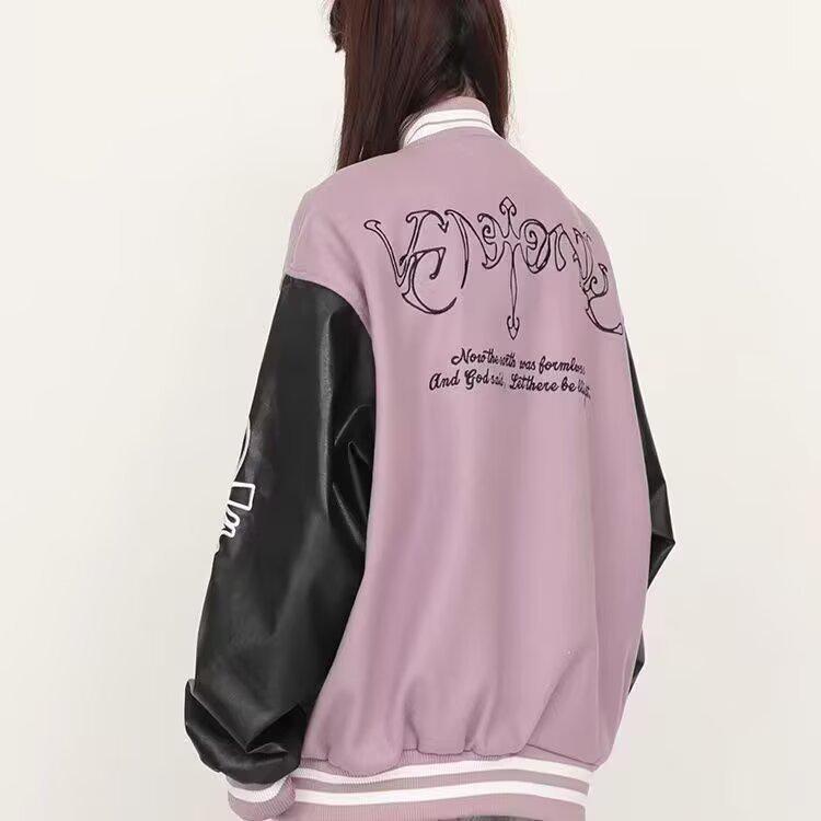 Unisex American Purple Letter Embroidery Color Block Baseball Jacket - Loose Fit, Spring 2025 High Street Trend.
