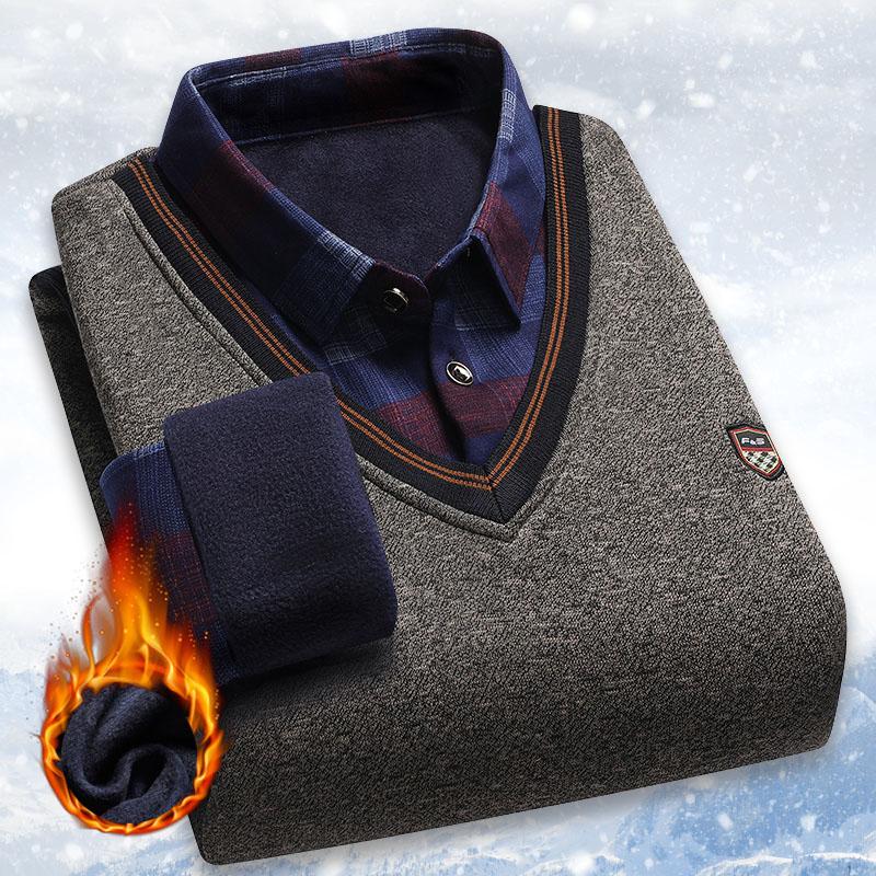 Vintage Plaid Sweater Pullover Men Thick Warm Knitwear Winter Autumn Patchwork Men's Fleeced Polo Collar Pullovers