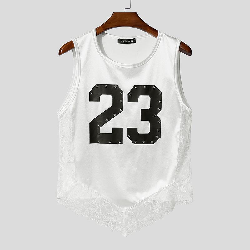 INCERUN Men O Neck Sleeveless Letter Print Lace Patchwork Cropped Irregular Tank Tops