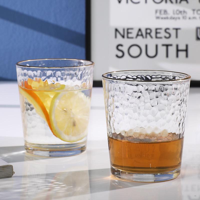 Gold Stroke Hammer Patterned Glass, Beer Glass, Gold Rimmed Glass, Gold Stroke Transparent Glass, Breakfast Glass, Milk Glass