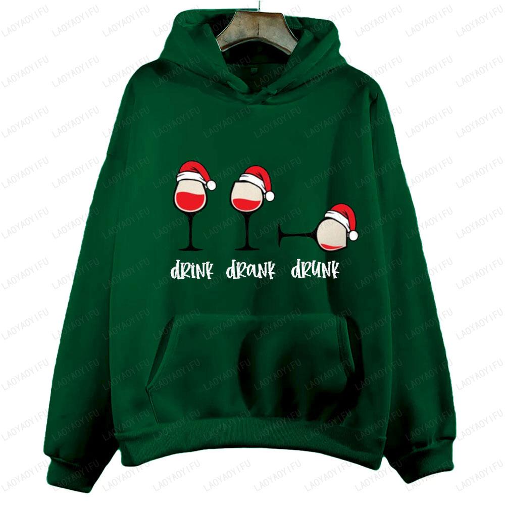 

Christmas Wine Glasses Hoodies Women New Year Xmas Party Men Hoodie Christmas Hat Wine Glass Funny Sweatshirt Tops Unisex Gift XL
