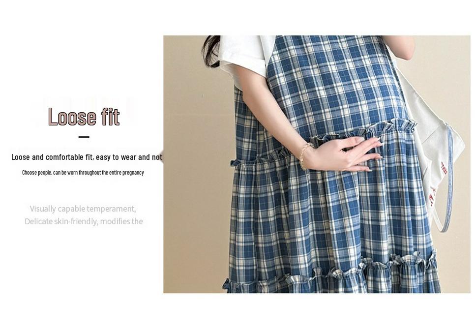 2026 Summer Korean Style Maternity T-shirt Dress with Plaid Patchwork - Fake Two-piece Set