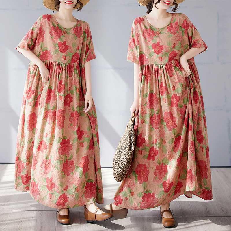 Simple and Fashionable Long Skirt Summer Short Sleeved Round Neck Printed Dress