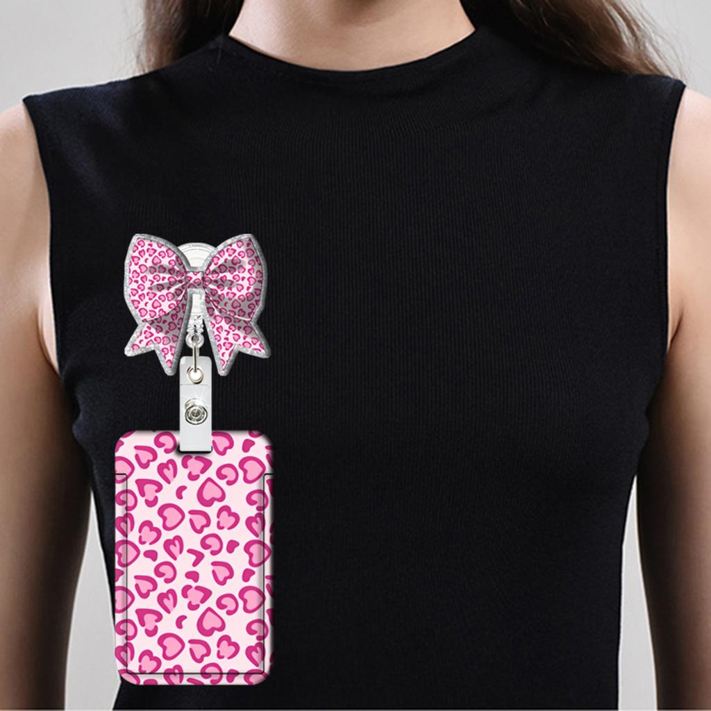 Leopard Print Lanyard Card Holder Retractable Badge Reel Heart Rainbow ID Badge Holder Bow Knot Badge Reel for Teacher Nurse