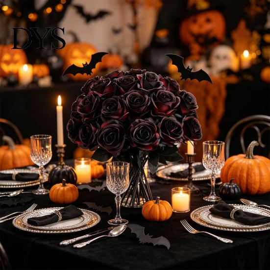 Centerpiece Floral Decor Realistic Silk Black Roses with Long Stems for Wedding Centerpieces, Halloween Home Artificial Flowers Weddings Decor,
