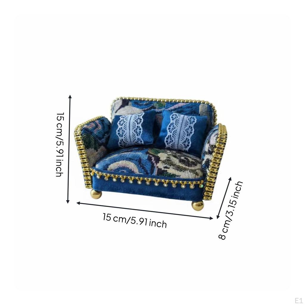 Dollhouse Sofa 1:12 Scale Couch with Cushions Upholstered Miniature for Collectors,