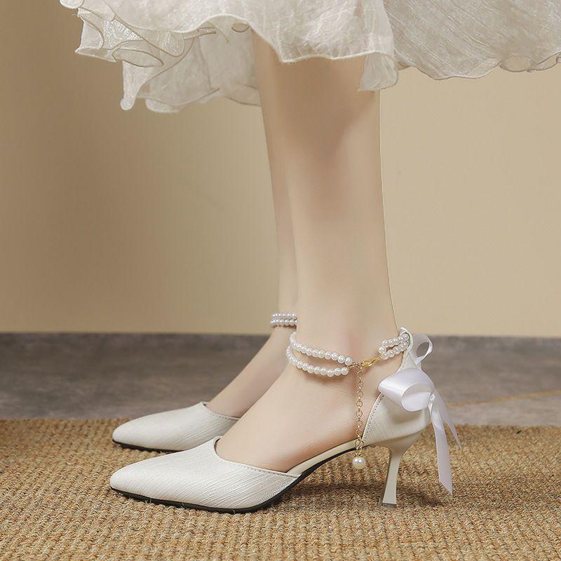 Baotou Pearl Sandals 2025 Thin Fairy Style Pointed Head Stiletto High Heels with Female Summer New French Style