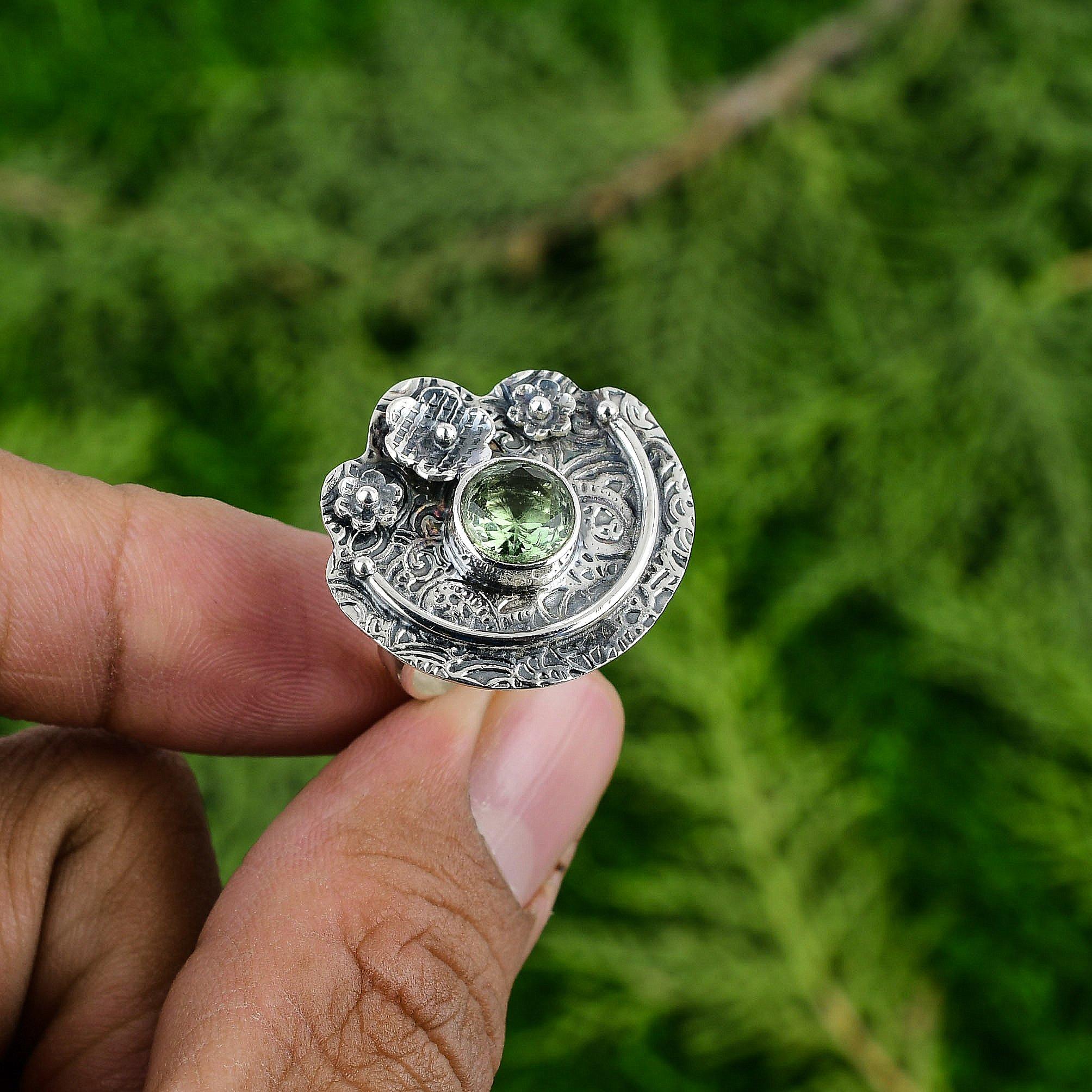 

Natural Green Amethyst Sterling Silver Promise Flower Bezel Sister Ring Jewelry Adjustable