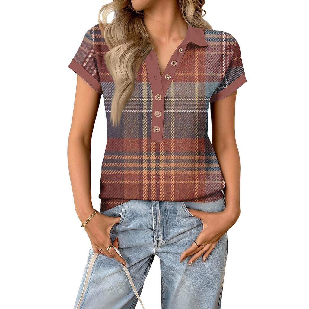 Damen modisches und lässiges Sommer V-Ausschnitt Patchwork Kurzarm Karoprint Top