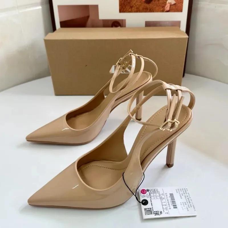 Fashion Nude Patent Leather Ankle Strap Buckle Women Pumps Sexy Pointed Toe Stiletto Heels Summer Stiletto Heels Party Shoes Sandalias