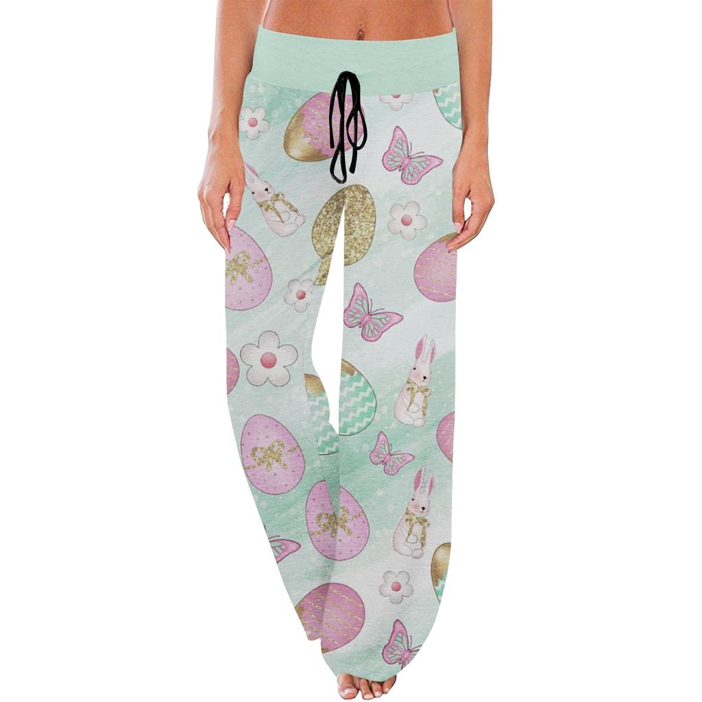 Pantaloni de pijama confortabili de damă, cu imprimeu de Paște, buzunare mici, pantaloni largi cu șnur