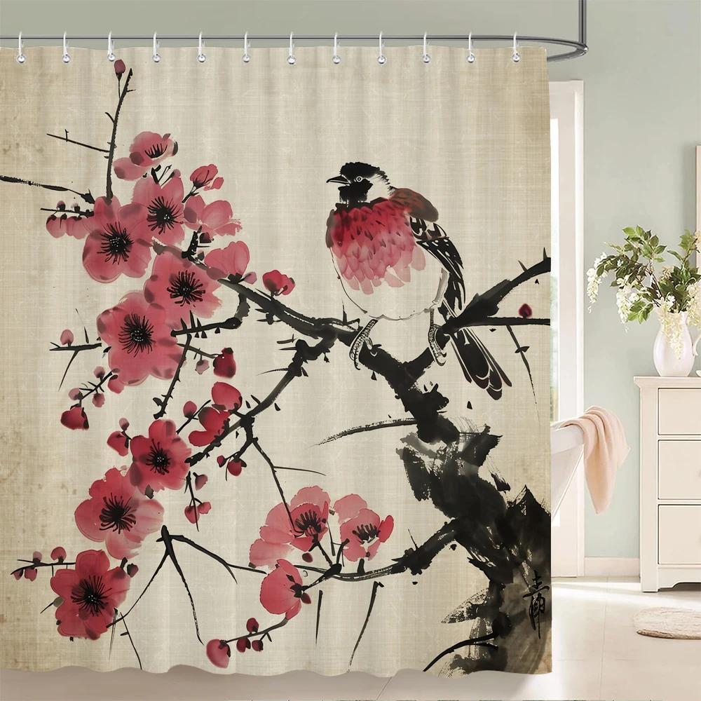 Chinese Style Plum Blossom Birds Shower Curtain, Texture Fabric Bathroom Decor Waterproof Flowers Bathroom Curtains With Hooks