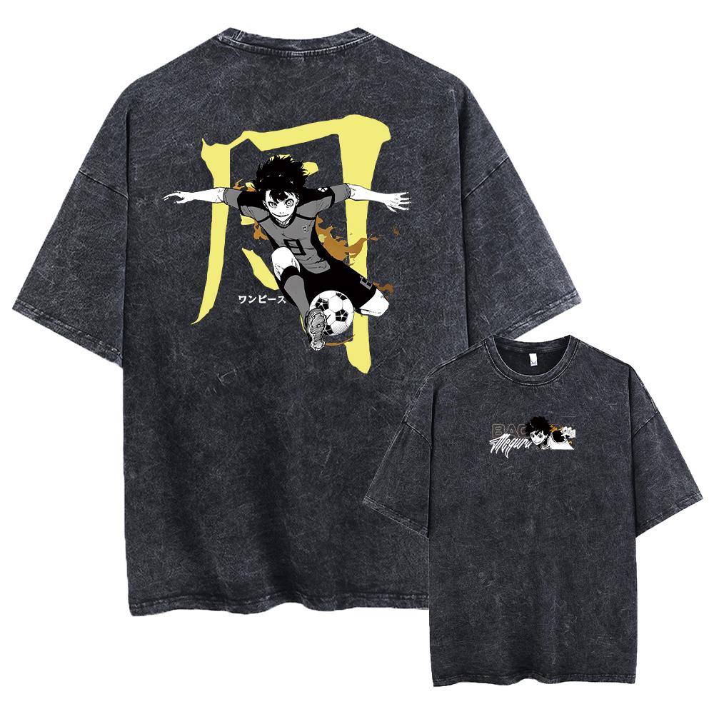 Hot Anime Blue Lock Nagi Seishiro Print Washed T Shirt Men Vintage Tshirts Short Sleeve Streetwear Harajuku Male Cotton T-shirt