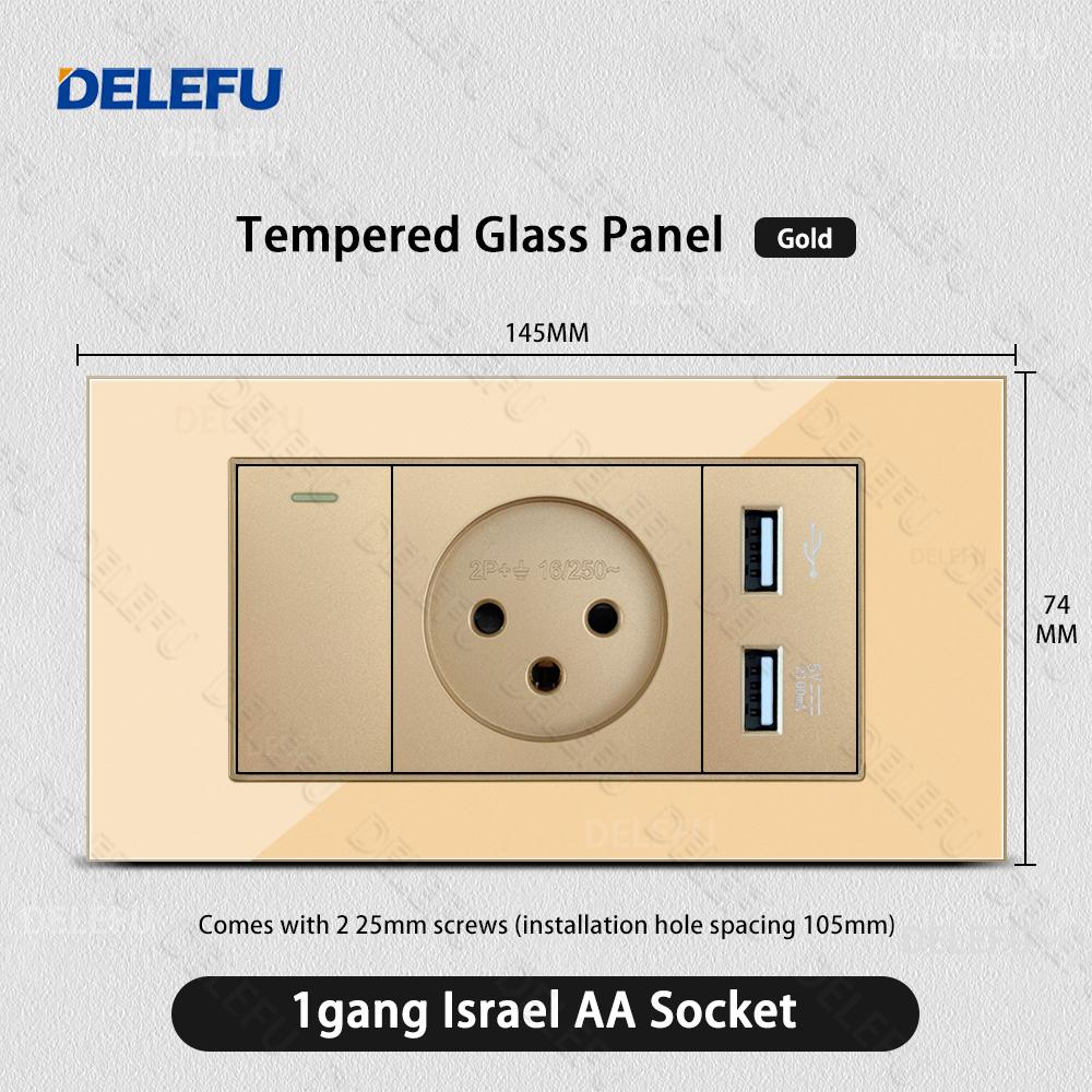 DELEFU Glass SC70 Panel 145mm Gold Israeli Standard USB C-type Fast Charging Wall Socket Switch TV Phone CAT5 CAT6