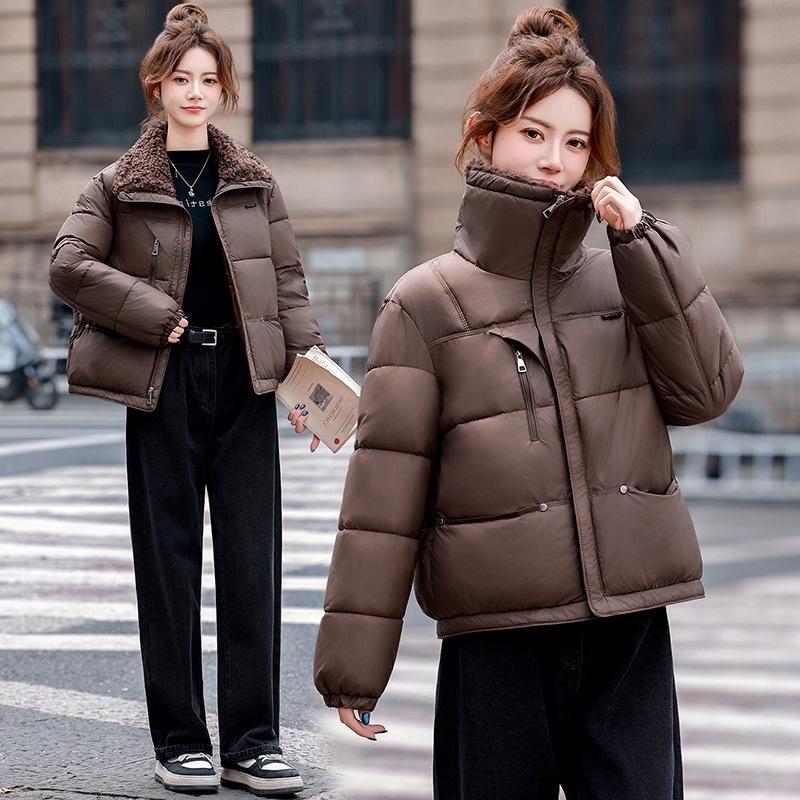 Winter coat women's fashion lapel with warm cotton-padded coat design lamb wool new splicing cotton clothes