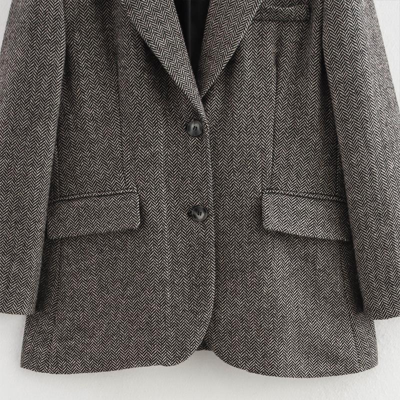 Vintage Lapel Herringbone Suit Coats Women Casual Single-Breasted Pockets Jackets Coat Lady Autumn Chic High Street Outwear