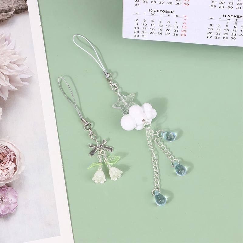 Kawaii Y2K Cloud Bell Orchid Phone Pendant Cute Beaded Handmade Sweet Girl Keychain For Camera Ccd Charms