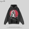 Vintage Anime Print Washed Cotton Hoodie Unisex Oversized Streetwear Sweatshirt Casual