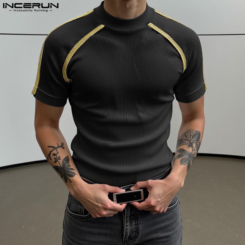 INCERUN Men Short Sleeve Stitching Casual Rib T-shirts Tops