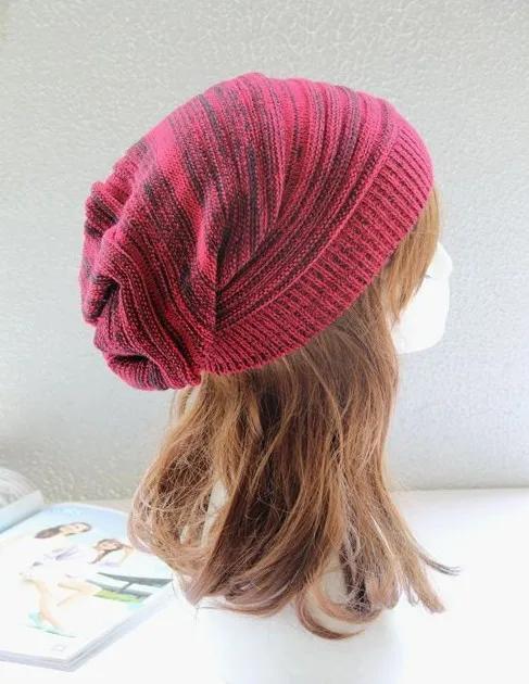 Winter Unisex Mixed Color Cotton Striped Hat High-quality Knit Wool Baggy Beanie Hats Winter Outdoor Windproof Warm Elastic Hat