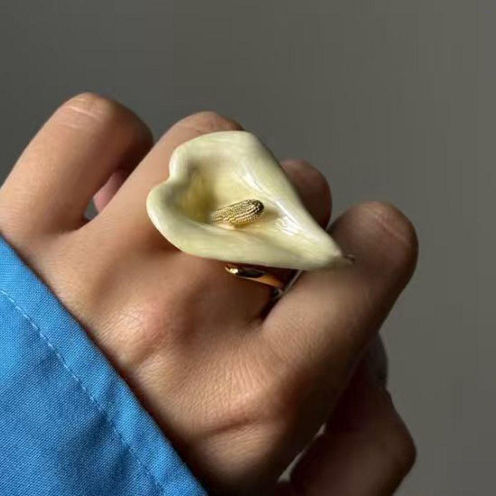 Metal Enamel Calla Flower Ring Adjustable Vintage Ring Personality Geometric Open Ring Women