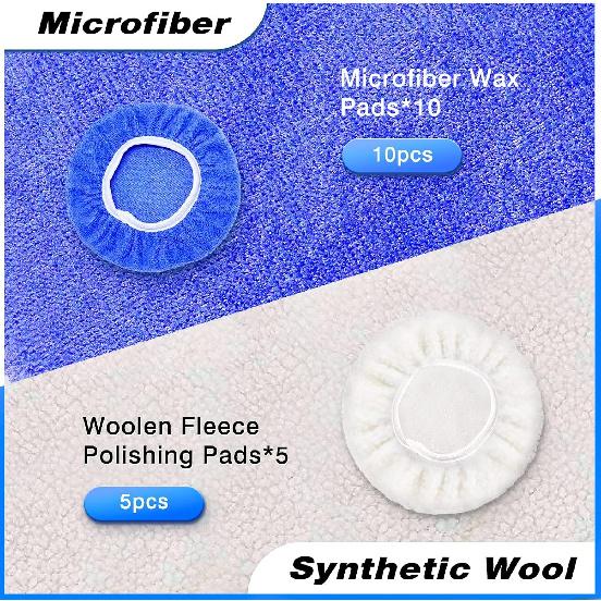5 to 6 Inch Car Polisher Pad Bonnet, 15Pcs Car Polishing Bonnet Buffing Pads, 10*Microfiber+5*Woollen