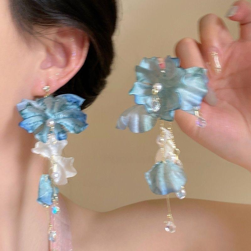 Blue flower exaggerated fringed earrings women s spring and summer super fairy unique and beautiful earrings seaside vacation wind ear jewelry