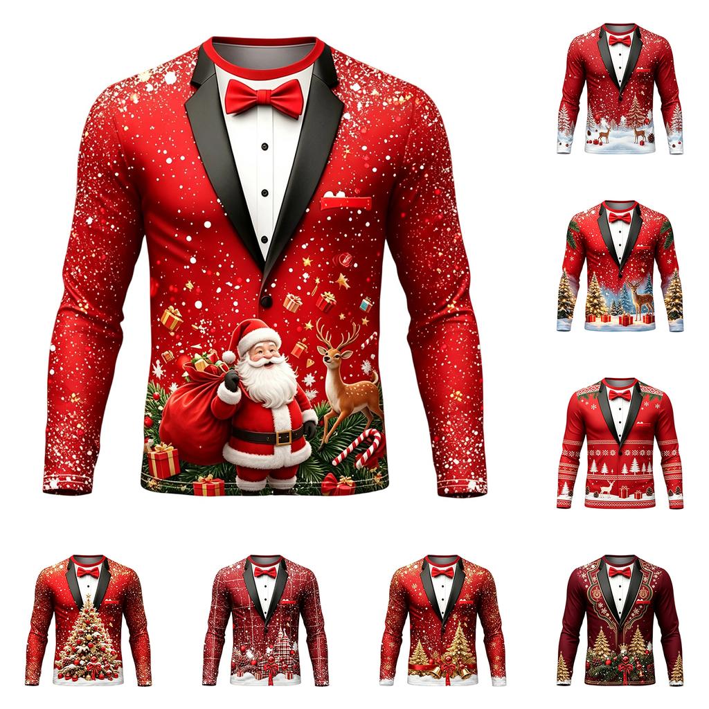 Men's Casual Christmas Suit Print Long Sleeve Neck T-Shirt for Holiday Party and Everyday Wear