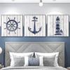 Nautical Nursery Wall Art Oil Painting Navy Canvas Painting Mediterranean Boy Room Home Decoration Anchor Compass Lighthouse