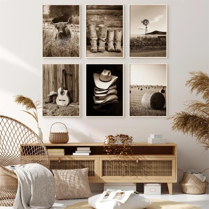 Southwest Rustic Western Farmhouse Photo Highland Cow Posters and Prints Canvas Printing Wall Art Picture for Living Room Decor