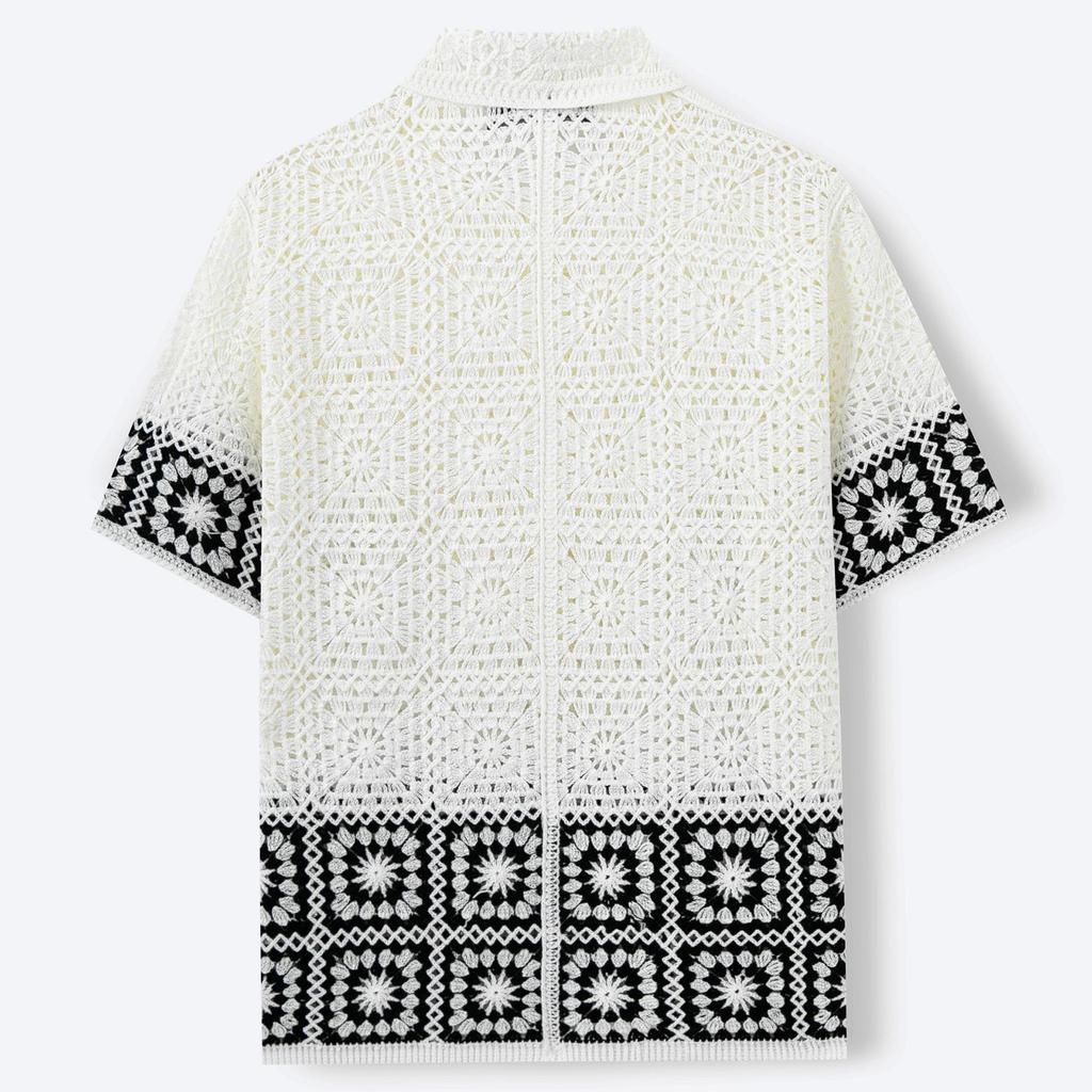 Men's Summer Sexy Cool Hollow Breathable Shirt Summer Casual Knitted Short-sleeved Lapel Shirt
