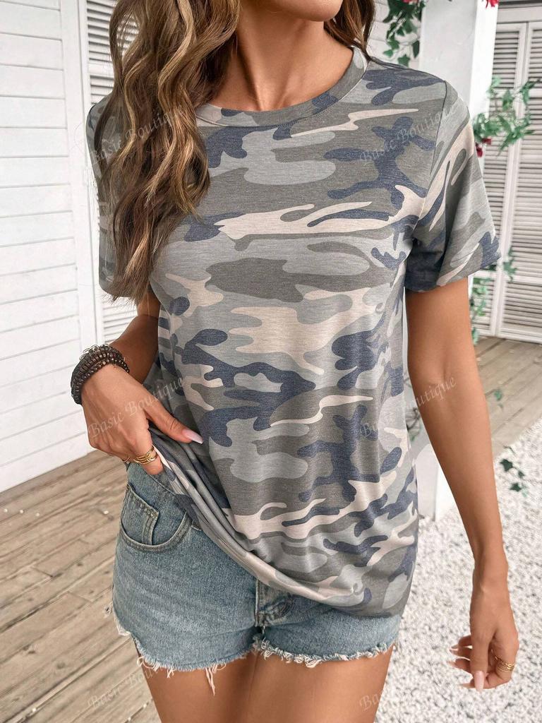 T-shirt da donna con motivo mimetico stampato in 3D, top casual estivo a girocollo, manica corta, maglietta larga, manica corta casual quotidiana