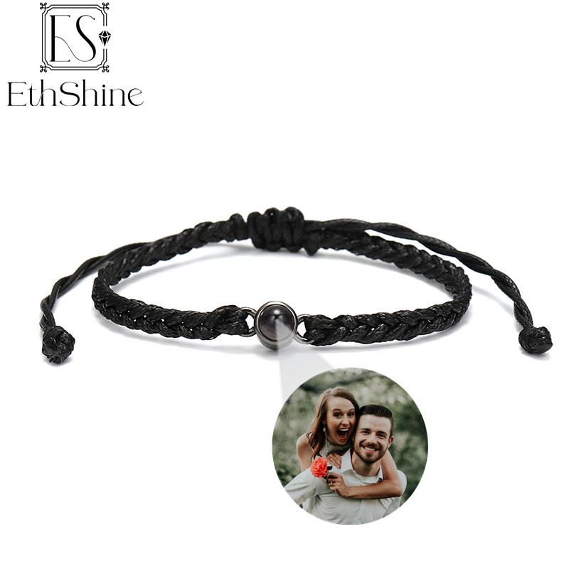 

EthShine Персоналізований фотобраслет зі срібного кола 925 проекції Браслети з фотографіями на замовлення Меморіальний подарунок для пари жінкам S925 Black