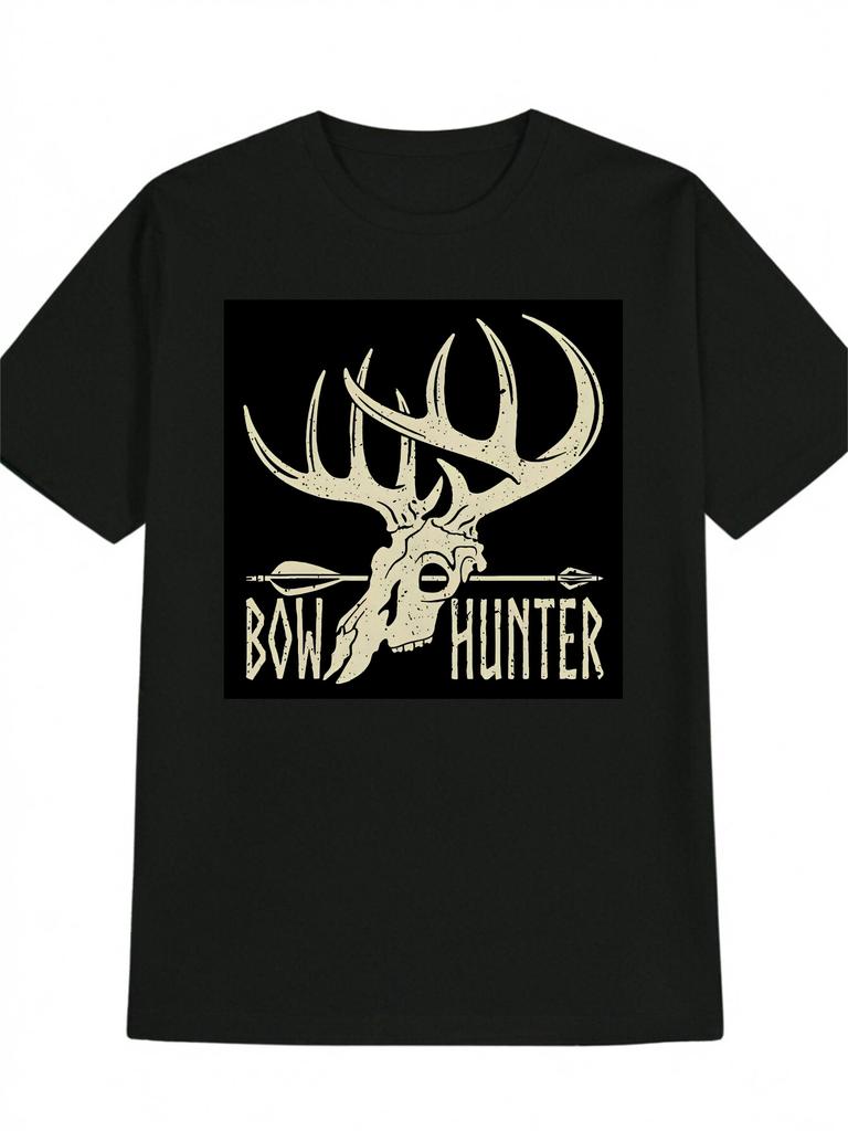 Casual Short Sleeve T-shirt with Bow Hunter Deer Skull & Antlers Graphic Print - Black Round Neck Summer Top