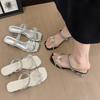 Fashion Butterfly Square Heel Flip Flops Summer New Square Toe Rhinestone Slender Strap Versatile Crystal Heel Slippers