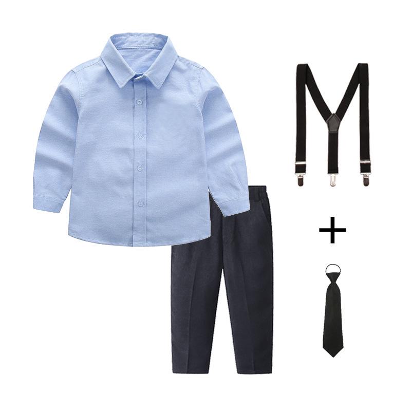 Boys' White and Blue Long-Sleeved Shirt & Black Long Pants Set Performance Costume